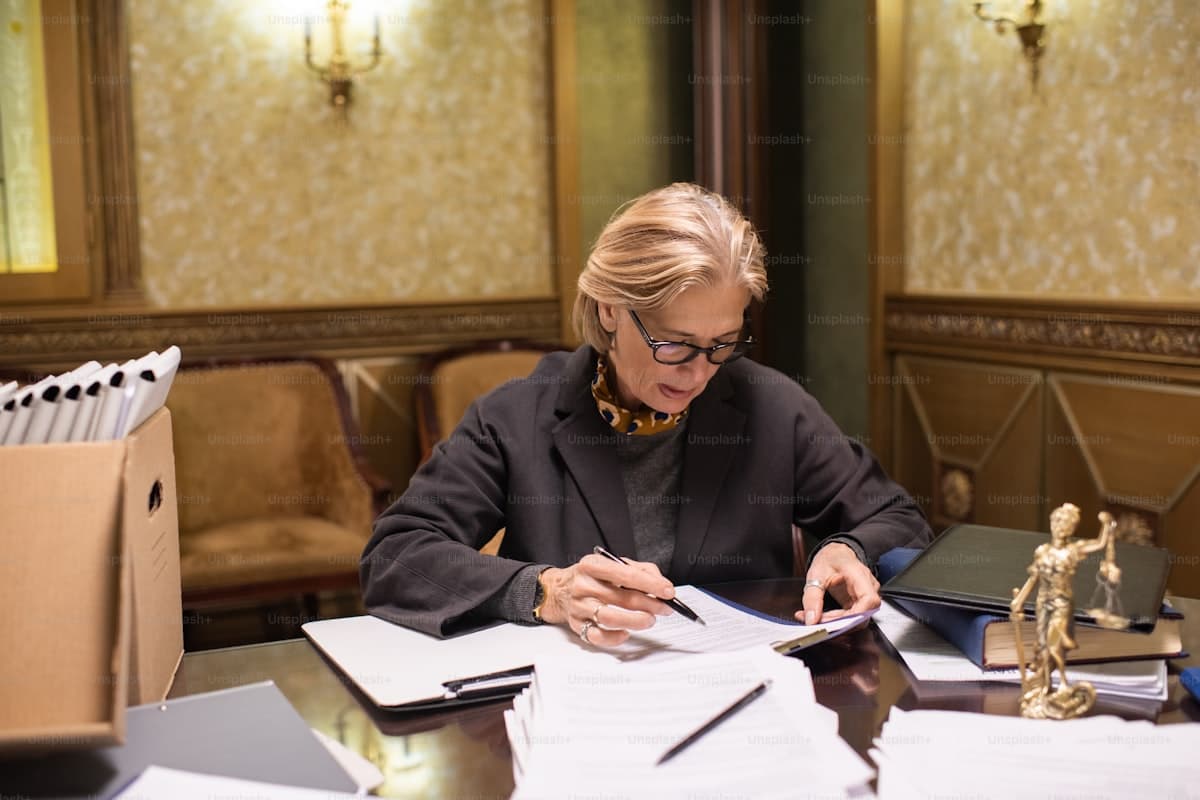 Lawyer reviewing client documents at a professional office desk